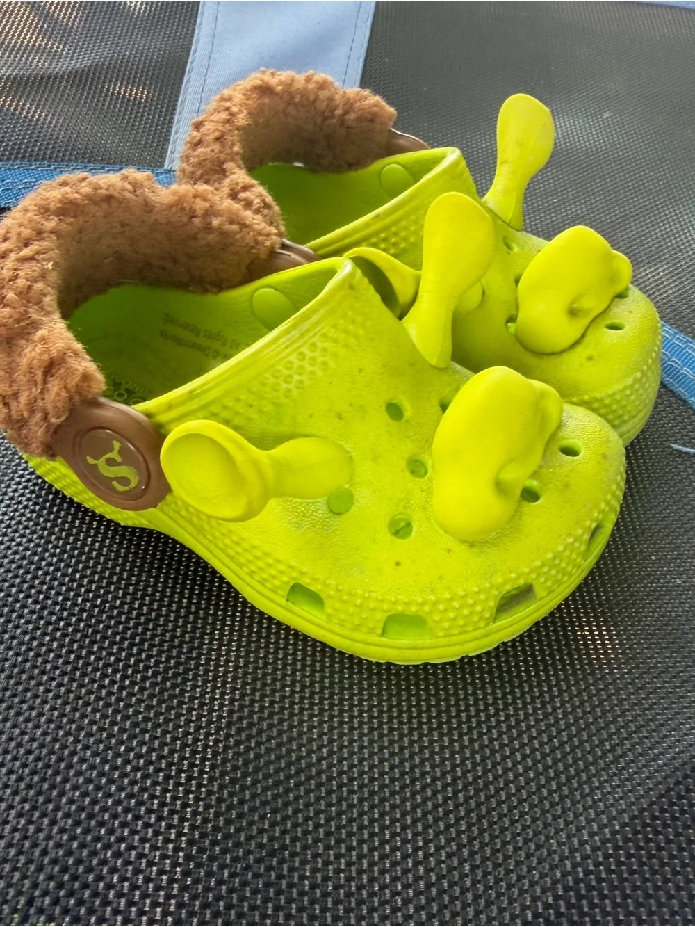 CROCS Kids Neon Lime Clog Sandals with Brown Faux Fur Trim